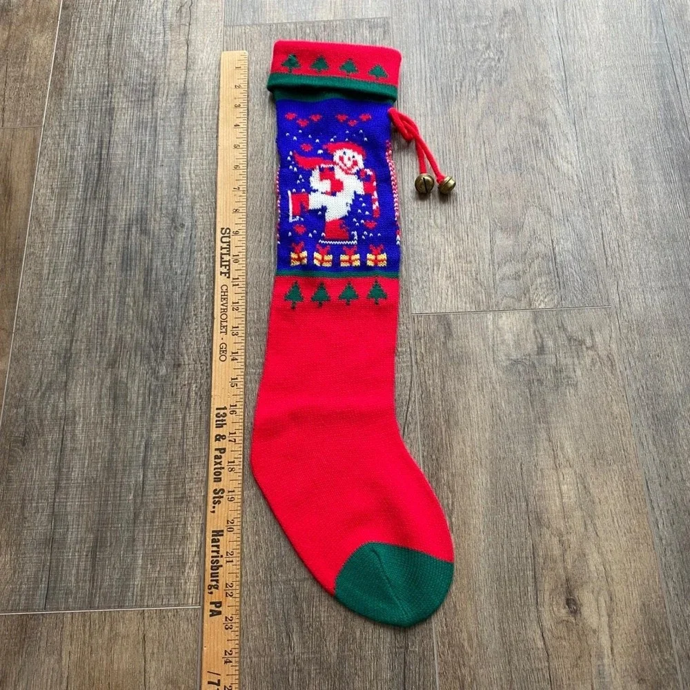 Christmas Stocking‎ Snowman Knit Red Green Blue Bells Hanging Holiday Decor VTG